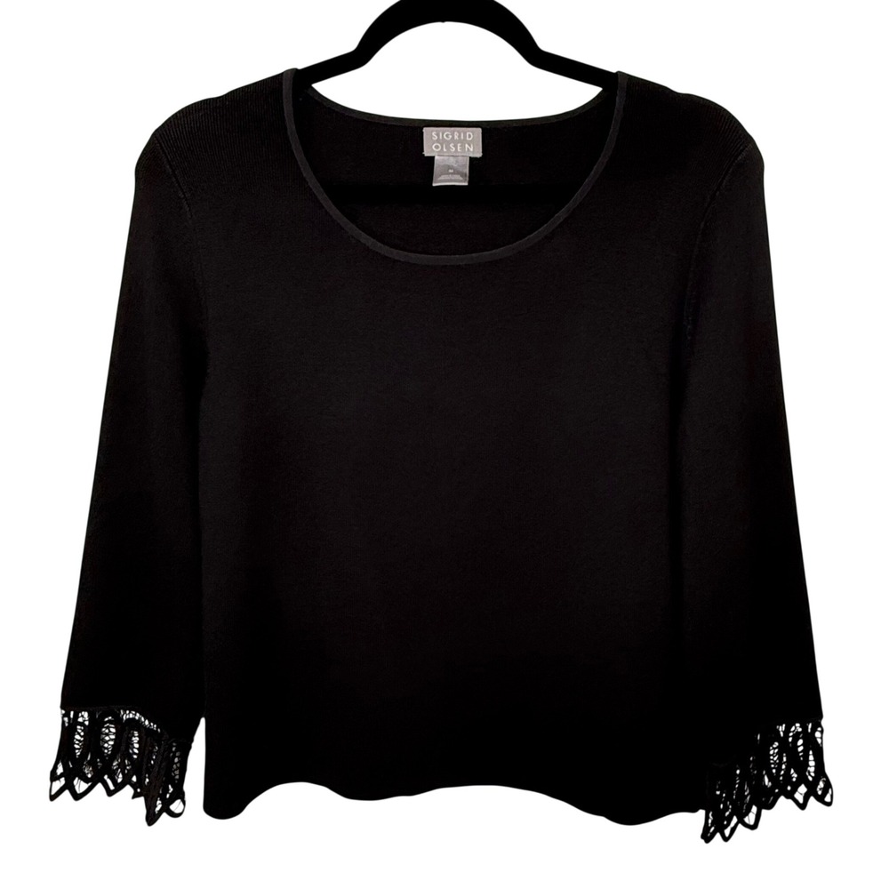 Sigrid Olsen Black Silk Blend Lace Trim Cuff Scoop Neck Sweater M Office Staple